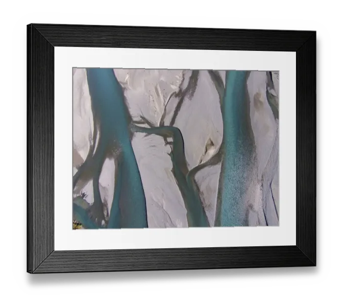 Framed Print : Braided streams of the Rakaia River, Canterbury, South Island, New Zealand, drone aerial