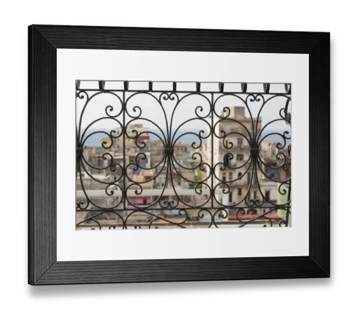 Framed Print : Cuba, Havana. Late afternoon rainbow and city viewed through wrought iron railing Framed Print : Cuba, Havana. Late afternoon rainbow and city viewed through wrought iron railing