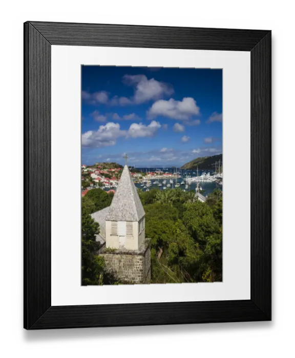 Framed Print : French West Indies, St-Barthelemy. Gustavia, Anglican Church and elevated view towards