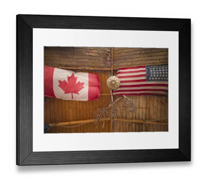 Framed Print : St. Kitts and Nevis, St. Kitts. Frigate Bay Beach, Canadian and US bar flags
