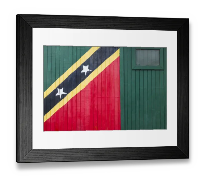 Framed Print : St. Kitts and Nevis, St. Kitts. Frigate Bay Beach, wall with St. Kitts flag Framed Print : St. Kitts and Nevis, St. Kitts. Frigate Bay Beach, wall with St. Kitts flag