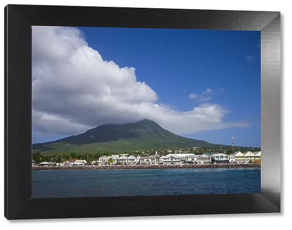 St. Kitts and Nevis, Nevis. Charlestown town view with Nevis Peak