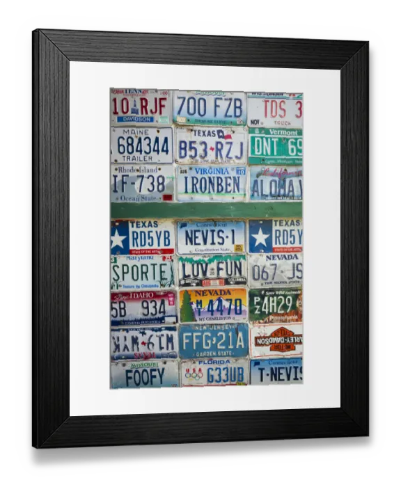 Framed Print : St. Kitts and Nevis, Nevis. Pinneys Beach, license plates