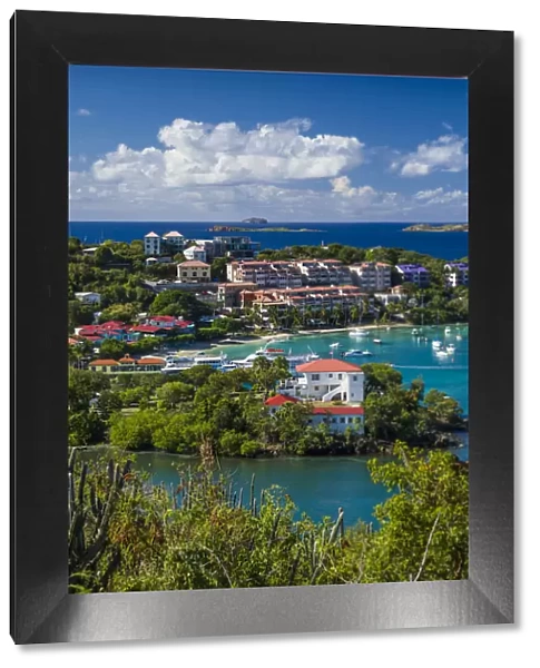 U. S. Virgin Islands, St. John. Cruz Bay, elevated town view with The Battery