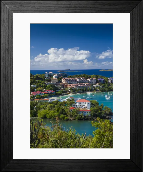 Framed Print : U. S. Virgin Islands, St. John. Cruz Bay, elevated town view with The Battery Framed Print : U. S. Virgin Islands, St. John. Cruz Bay, elevated town view with The Battery