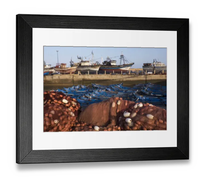 Framed Print : Africa, Morocco. Fish nets, floats, boats, and commercial fishing vessels of Framed Print : Africa, Morocco. Fish nets, floats, boats, and commercial fishing vessels of