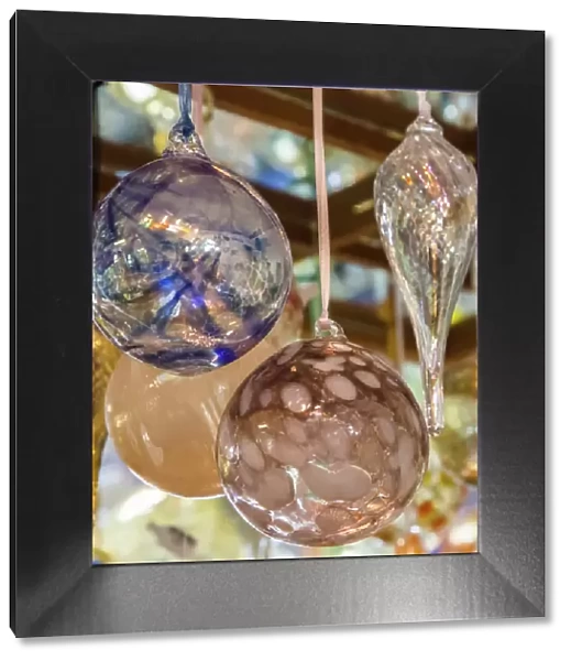 USA, Indiana. Hanging glass ornaments and baubles