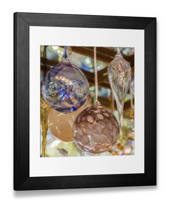 Framed Print : USA, Indiana. Hanging glass ornaments and baubles