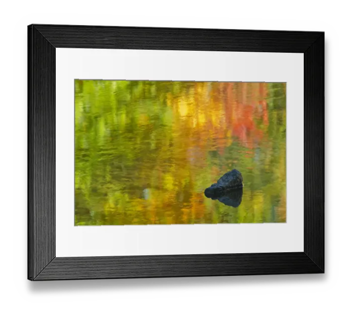 Framed Print : Canada, Ontario, Sioux Narrows. Rock and autumn reflections in Dryberry Creek. Credit as Framed Print : Canada, Ontario, Sioux Narrows. Rock and autumn reflections in Dryberry Creek. Credit as