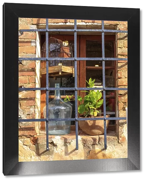Italy, Monteriggioni. Stone wall, window with bars, wine bottle, bird cage and plant