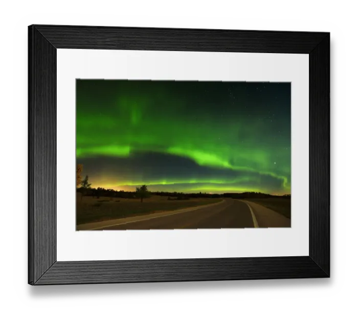 Framed Print : Canada, Manitoba, Birds Hill Provincial Park. Aurora borealis and road. Credit as Framed Print : Canada, Manitoba, Birds Hill Provincial Park. Aurora borealis and road. Credit as
