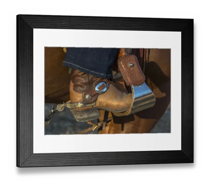 Framed Print : USA, California, Parkfield, V6 Ranch cowgirl boot in stirrup (MR) Framed Print : USA, California, Parkfield, V6 Ranch cowgirl boot in stirrup (MR)