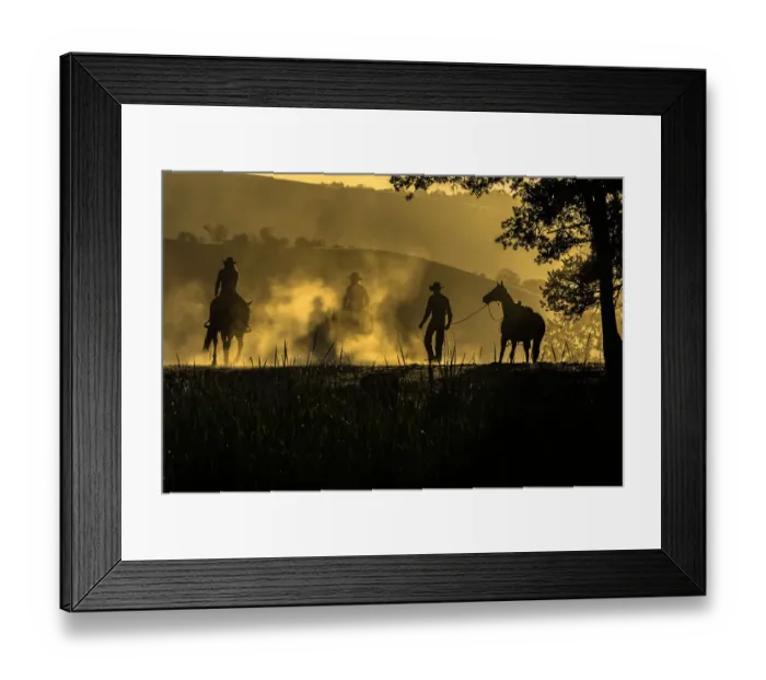 Framed Print : USA, California, Parkfield, V6 Ranch silhouette of riders, on horseback. Early dusty morning Framed Print : USA, California, Parkfield, V6 Ranch silhouette of riders, on horseback. Early dusty morning