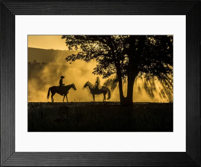 Framed Print : USA, California, Parkfield, V6 Ranch silhouette of two riders on horseback. Early dusty morning Framed Print : USA, California, Parkfield, V6 Ranch silhouette of two riders on horseback. Early dusty morning