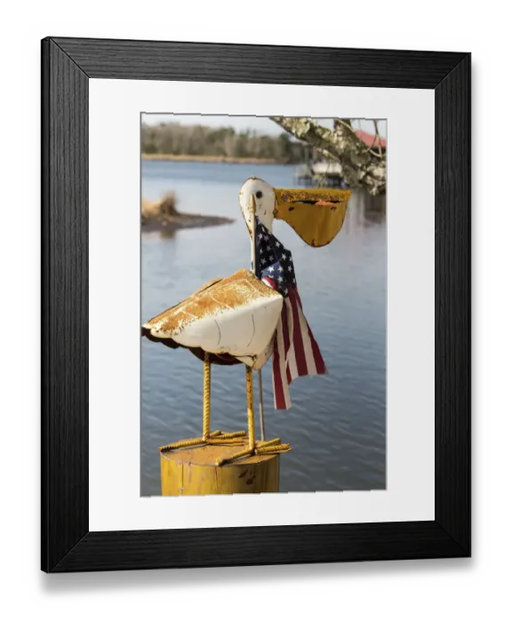 Framed Print : USA, Alabama. Whimsical pelican sculpture with American flag Framed Print : USA, Alabama. Whimsical pelican sculpture with American flag
