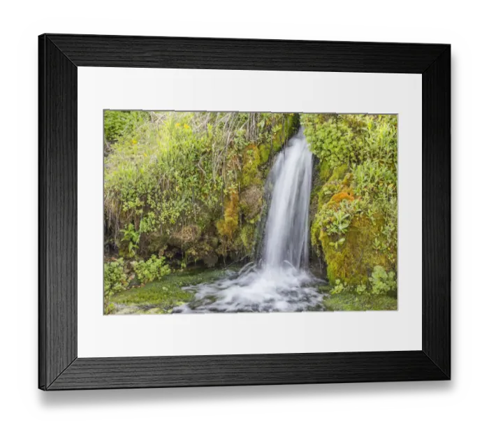 Framed Print : USA, Wyoming, Sublette County. Kendall Warm Springs, a small waterfall flowing over a mossy ledge Framed Print : USA, Wyoming, Sublette County. Kendall Warm Springs, a small waterfall flowing over a mossy ledge