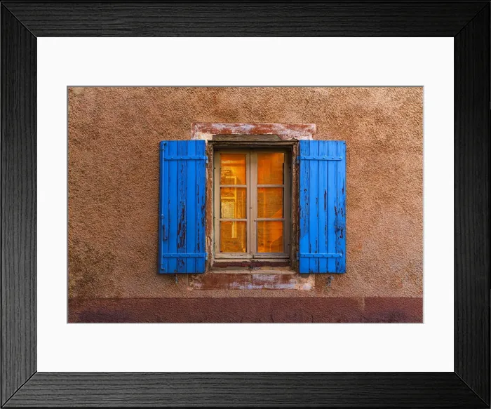 Framed Print : Europe, France, Provence, Roussillon. Blue window shutters Framed Print : Europe, France, Provence, Roussillon. Blue window shutters