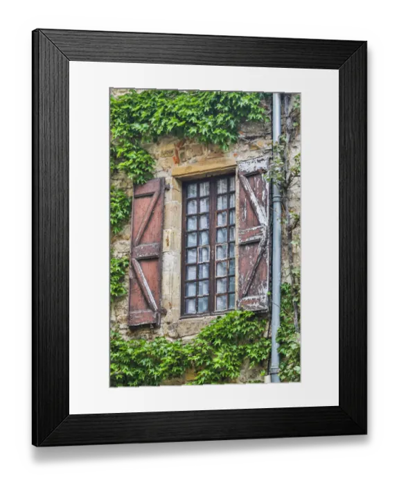 Framed Print : France, Cordes-sur-Ciel. Weathered shutters and window Framed Print : France, Cordes-sur-Ciel. Weathered shutters and window