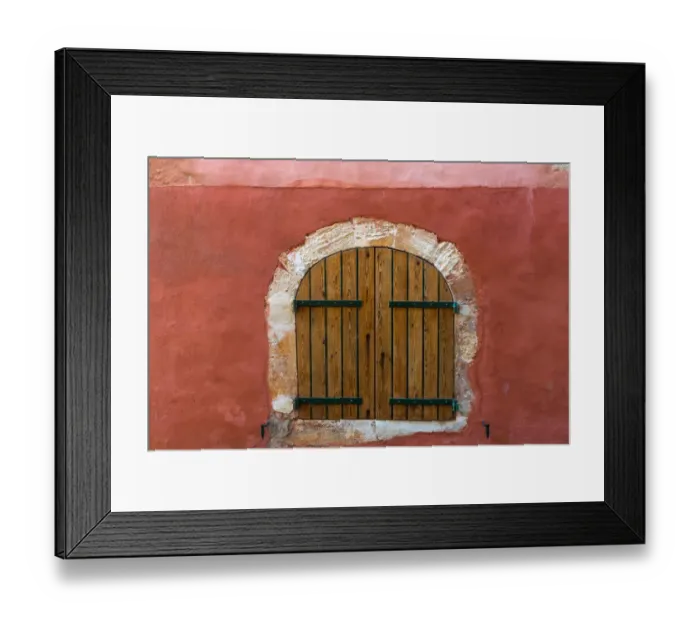 Framed Print : Europe, France, Provence, Roussillon. Wooden shutters in red wall Framed Print : Europe, France, Provence, Roussillon. Wooden shutters in red wall