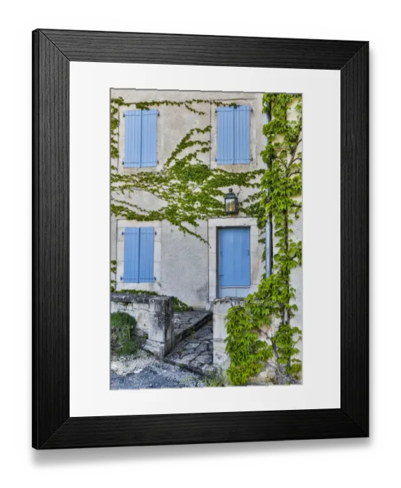 Framed Print : France, Lot River Valley. Home with blue shutters