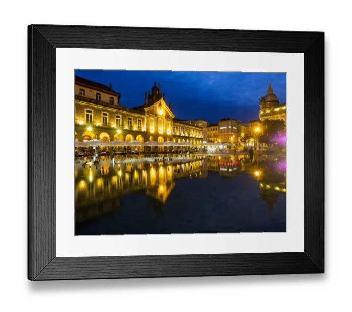 Framed Print : Portugal, Braga. Sunset along the sidewalk of cafe and town square at dusk, Praca Framed Print : Portugal, Braga. Sunset along the sidewalk of cafe and town square at dusk, Praca
