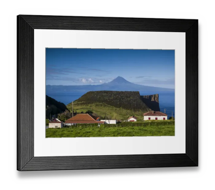 Framed Print : Portugal, Azores, Sao Jorge Island. Baia dos Arraias, view towards Pico Volcano Framed Print : Portugal, Azores, Sao Jorge Island. Baia dos Arraias, view towards Pico Volcano