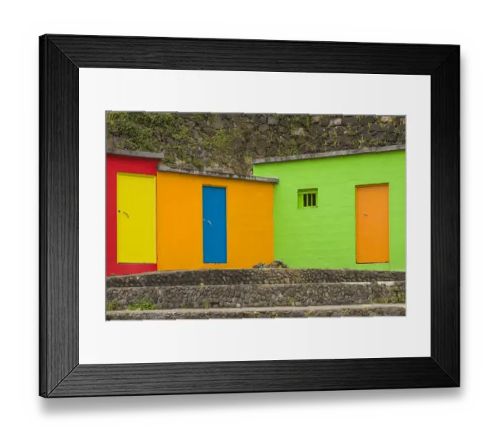 Framed Print : Portugal, Azores, Sao Miguel Island, Porto Formoso fishing shacks