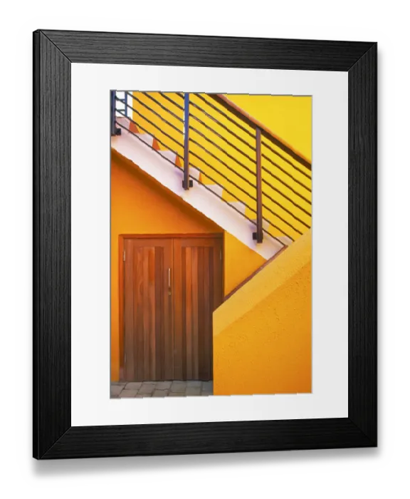 Framed Print : Geometric view of a yellow and orange stairway Framed Print : Geometric view of a yellow and orange stairway