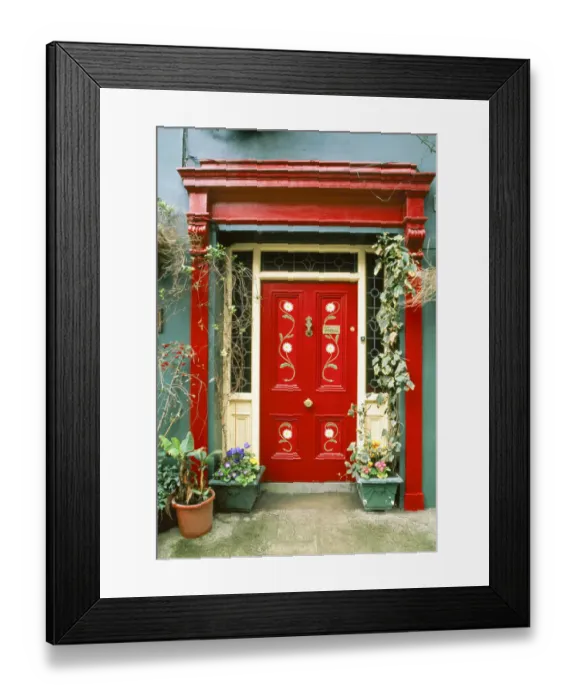 Framed Print : Red door with painted daisies, surrounded by flowers and vines Framed Print : Red door with painted daisies, surrounded by flowers and vines