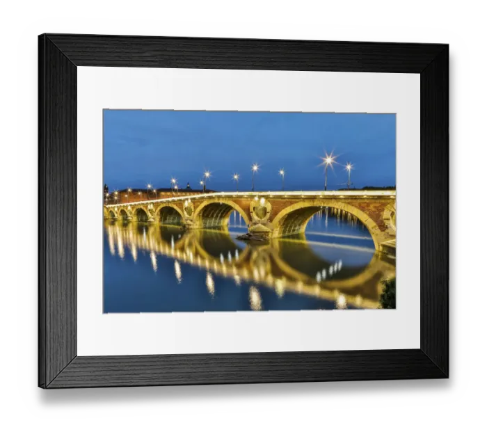 Framed Print : France, Toulouse. View of Pont Neuf and the Garonne River and reflections at sunset