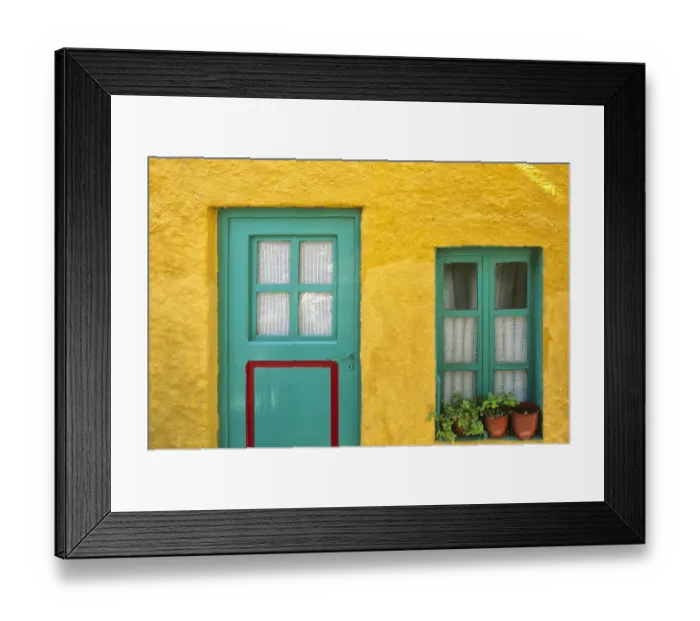 Framed Print : Greece, Nissyros. Door and window of colorful house Framed Print : Greece, Nissyros. Door and window of colorful house