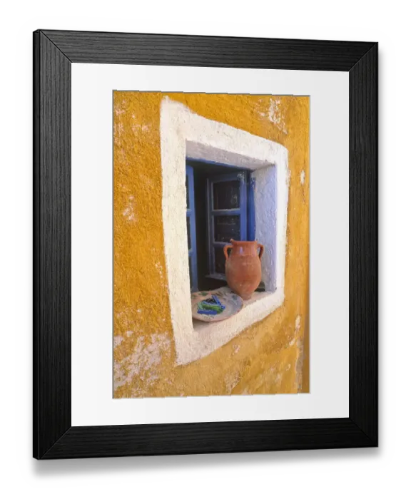 Framed Print : Greece, Santorini, Oia. Pottery in window. Credit as: Jim Nilsen  /  Jaynes Gallery  /  DanitaDelimont