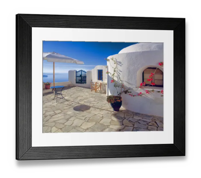 Framed Print : Greece, Santorini, Oia. House balcony with ocean view