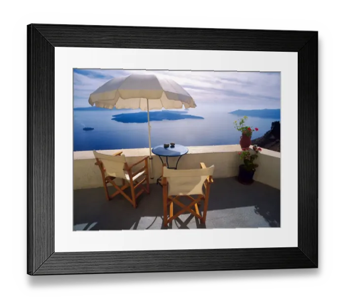 Framed Print : Greece, Santorini, Oia. House balcony with ocean view