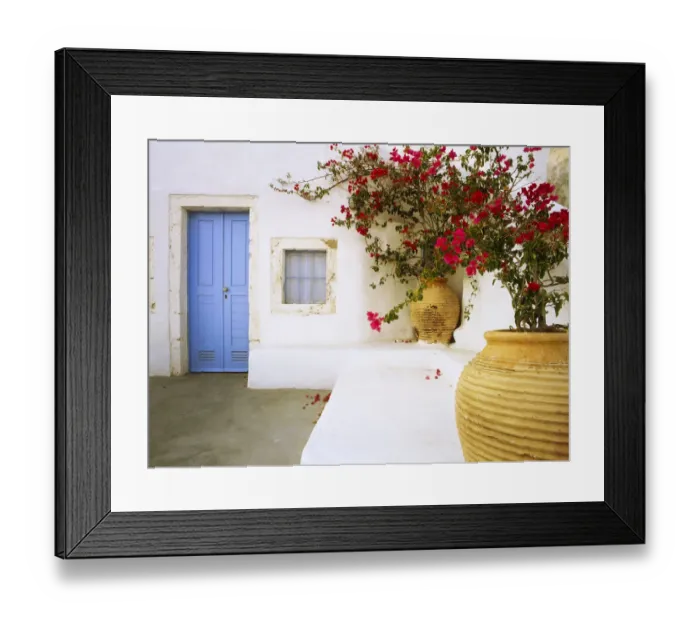 Framed Print : Greece, Santorini. Blue door to house and potted flowers Framed Print : Greece, Santorini. Blue door to house and potted flowers