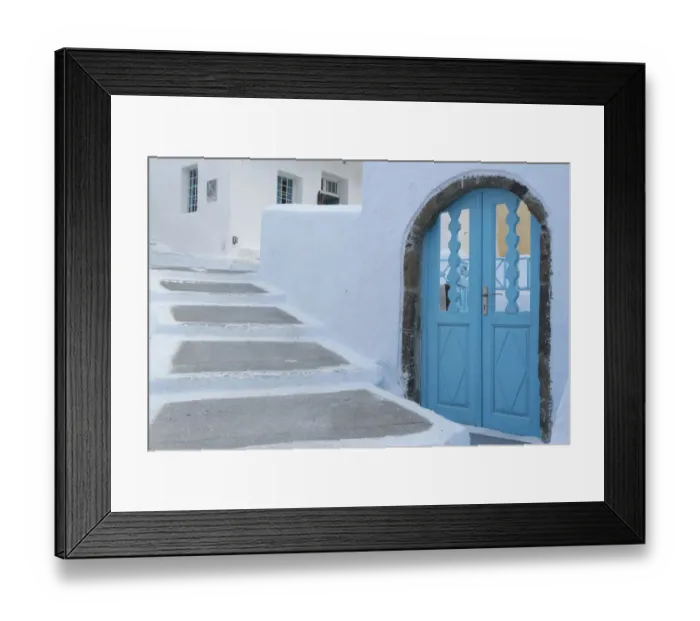 Framed Print : Greece, Santorini. Blue door livens up a quiet alley of white-washed homes in Pyrgos Framed Print : Greece, Santorini. Blue door livens up a quiet alley of white-washed homes in Pyrgos