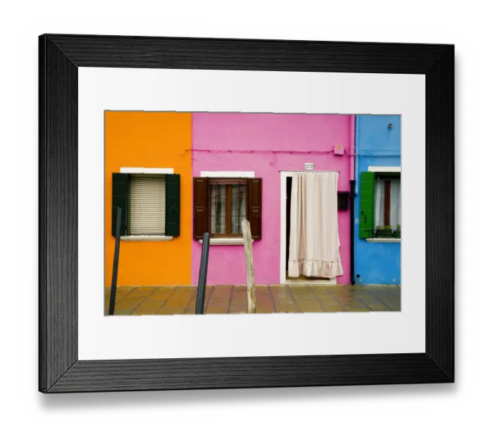 Framed Print : Italy, Burano. Colorful house windows and walls