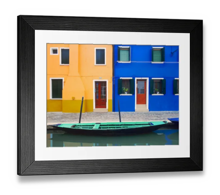 Framed Print : Italy, Burano. Colorful house exteriors and boat in canal Framed Print : Italy, Burano. Colorful house exteriors and boat in canal