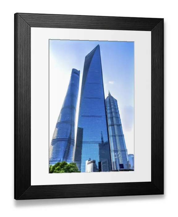 Framed Print : Three skyscrapers reflections, Lujiazui, Financial District, Shanghai, China. Shanghai Tower