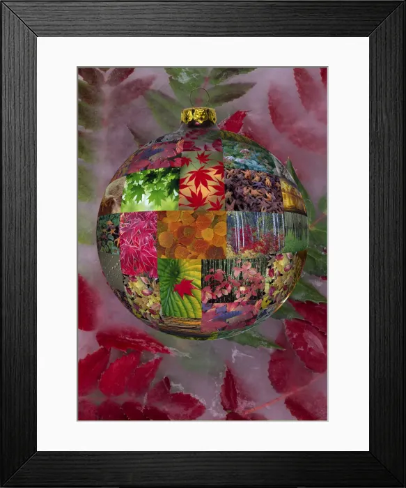 Framed Print : Christmas bulb made from picture sphere and backdrop of ice with mahonia Framed Print : Christmas bulb made from picture sphere and backdrop of ice with mahonia