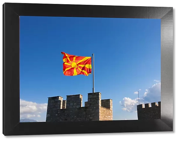 Tsar Samuils Fortress with national flag, Ohrid, Republic of Macedonia