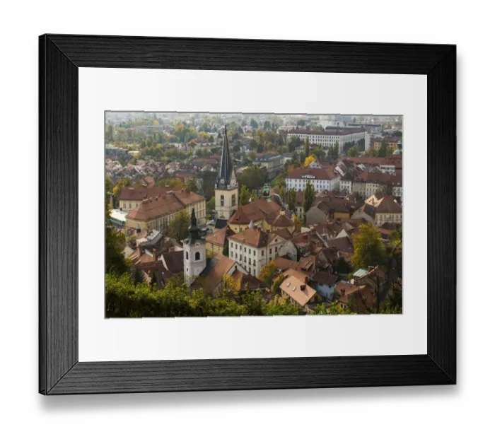 Framed Print : Slovenia, Ljubljana. Late afternoon light falling on the heart of the old town, viewed Framed Print : Slovenia, Ljubljana. Late afternoon light falling on the heart of the old town, viewed