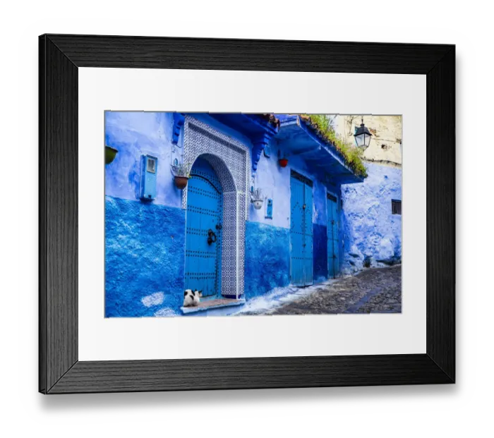 Framed Print : Chefchaouen, Morocco, cat and the blue tiled door and buildings Framed Print : Chefchaouen, Morocco, cat and the blue tiled door and buildings