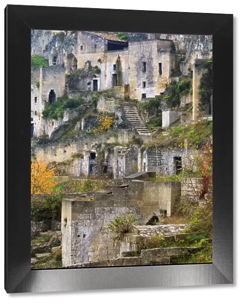 Italy, Basilicata, canyon carved out by the Gravina. Uninhabited caves in Sasso Caveoso