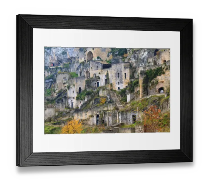 Framed Print : Southern Italy, Basilicata, canyon carved out by the Gravina. uninhabited caves in Sasso Caveoso Framed Print : Southern Italy, Basilicata, canyon carved out by the Gravina. uninhabited caves in Sasso Caveoso