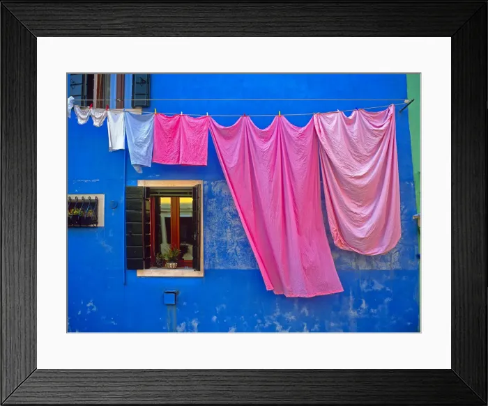 Framed Print : Italy, Burano. Drying laundry and colorful window and wall Framed Print : Italy, Burano. Drying laundry and colorful window and wall