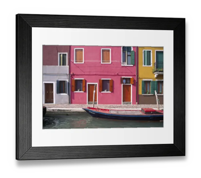 Framed Print : Italy, Burano. Colorful house exteriors and boat in canal