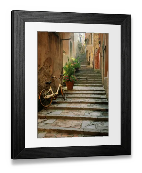 Framed Print : Italy, Cinque Terre, Monterosso. Bicycle and uphill stairway Framed Print : Italy, Cinque Terre, Monterosso. Bicycle and uphill stairway