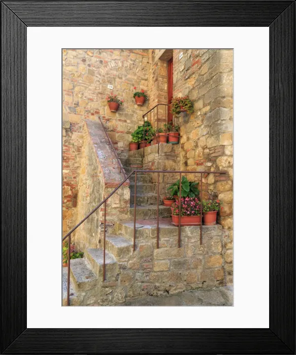 Framed Print : Italy, Val d Orcia in Tuscany, province of Siena, Monticchiello. Stairs with potted flowers Framed Print : Italy, Val d Orcia in Tuscany, province of Siena, Monticchiello. Stairs with potted flowers