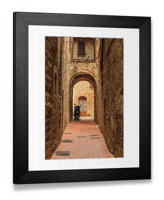 Framed Print : Italy, San Gimignano. Alleyway with motorbike Framed Print : Italy, San Gimignano. Alleyway with motorbike
